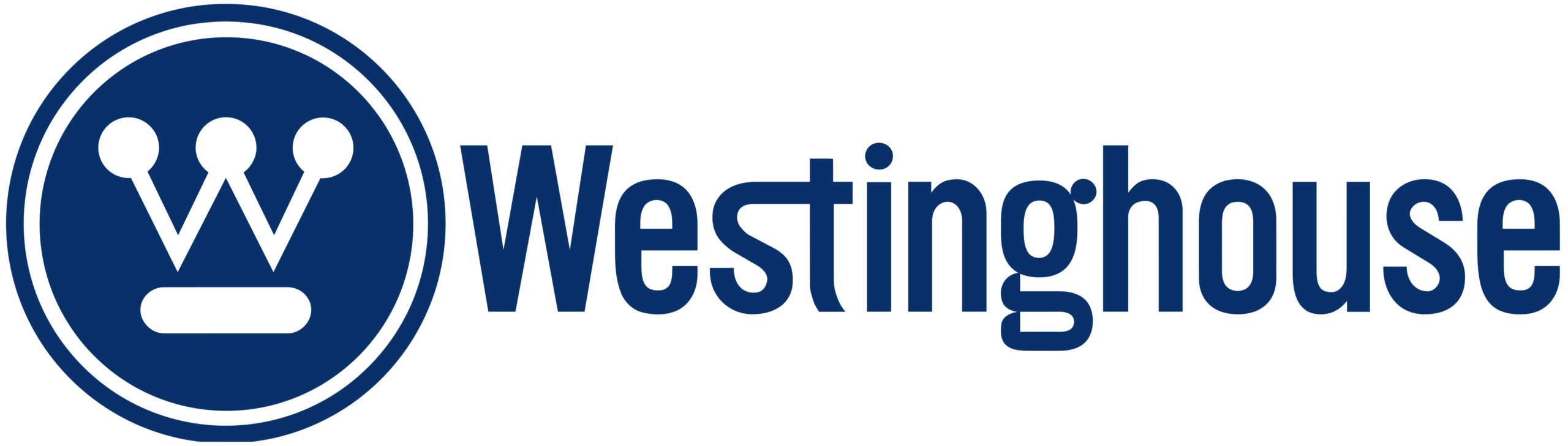 Westinghouse logo: blue circular emblem with a white stylized 'W' and three dots, followed by the 'Westinghouse' wordmark in dark blue