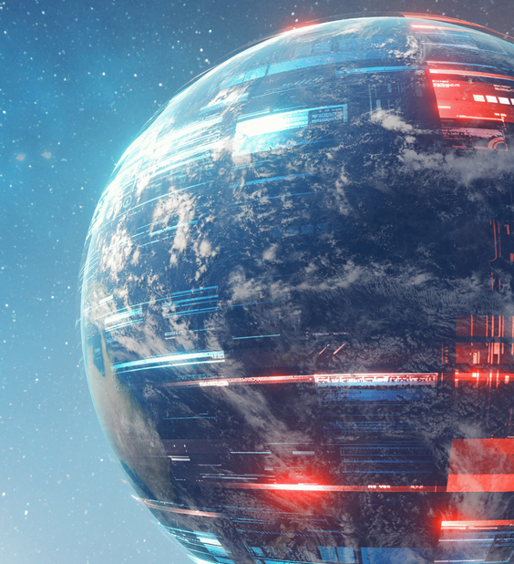 Futuristic Earth-like planet with glowing red and blue digital streaks circling its surface in space.