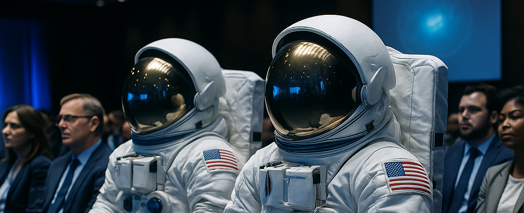 Two astronauts in white spacesuits seated in a conference audience alongside professionals in suits, preparing for a presentation.